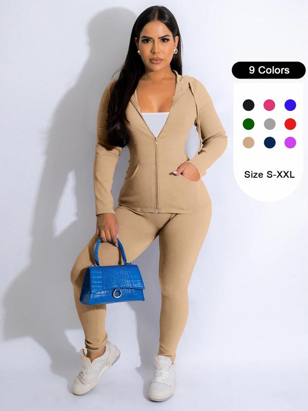 Two-piece Set Women's Solid Zip Up Drawstring Waist Pants Set, Long Sleeve Pocket Hoodie & Trousers, Lady Casual Clothes for Yoga Gym Workout Running Back To School, Two Piece Set Women, Cute Gym Clothes