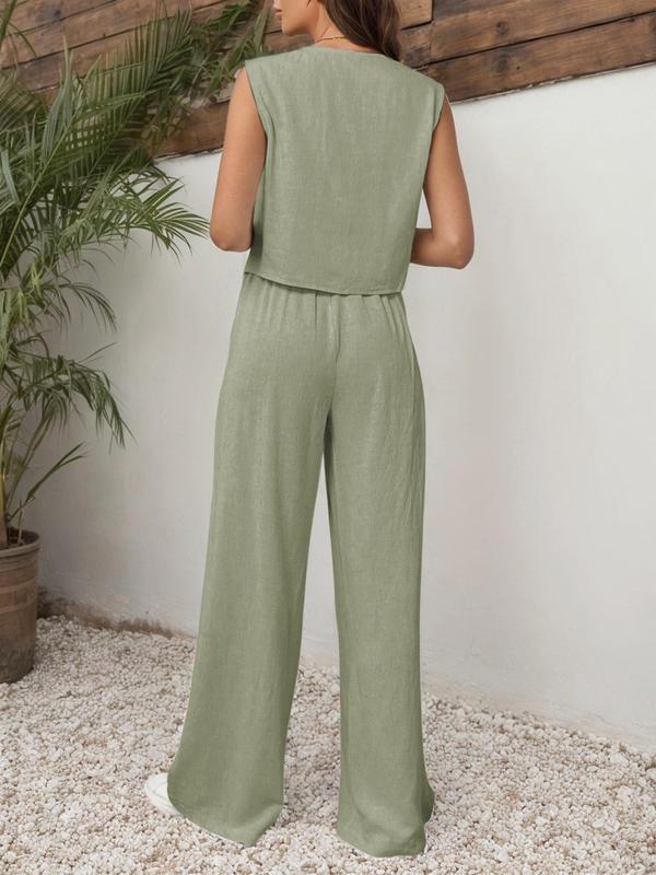 YOZY [6 colors, size 0 2-14] V Neck Vest & Elastic Waist Pants Set, Button Front Casual Sleeveless Top & Wide Leg Trousers, 2024 Women's Wear for Spring & Summer & Fall, XS-XXL