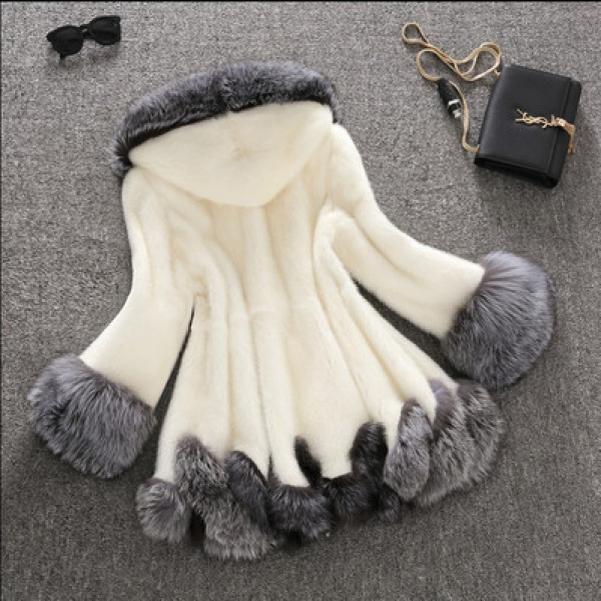 New Imitation Fur Artificial Fur Women's White Rabbit Fur Mink Winter Clothes Hooded Overcoat