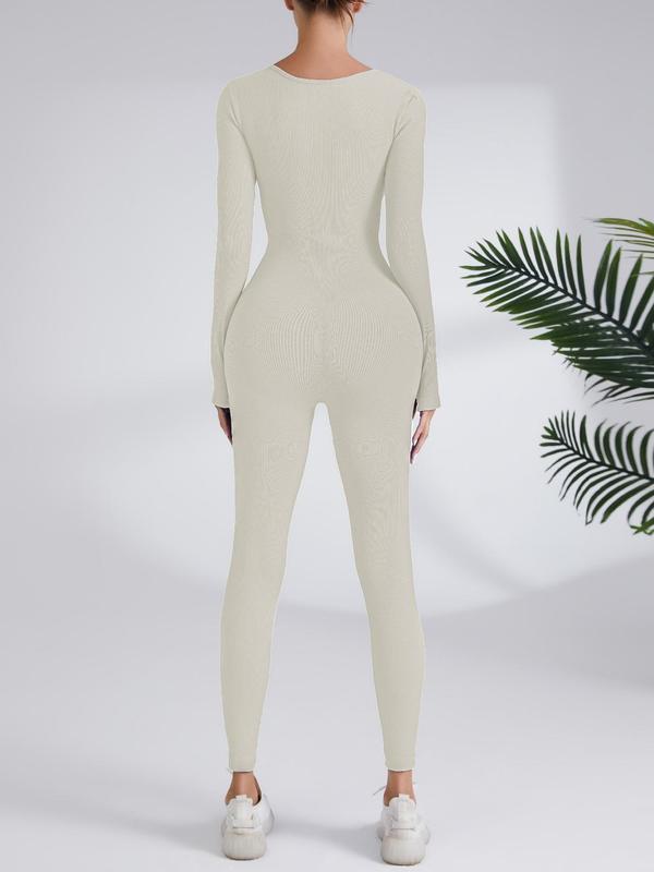 Women's Solid Long Sleeve Square Neck Sports Jumpsuit, Casual Sporty Seamless Jumpsuit, Women's Clothes for Spring & Fall