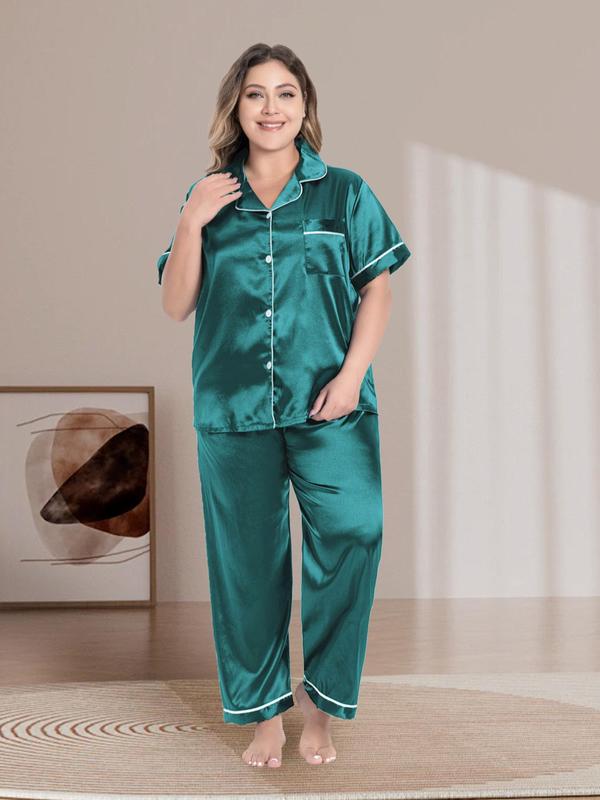 Plus Size Collared Button Front Satin Pyjama Set, Short Sleeve Pocket Top & Trousers Pj Set, Women's Two-piece Sleepwear Set for Summer