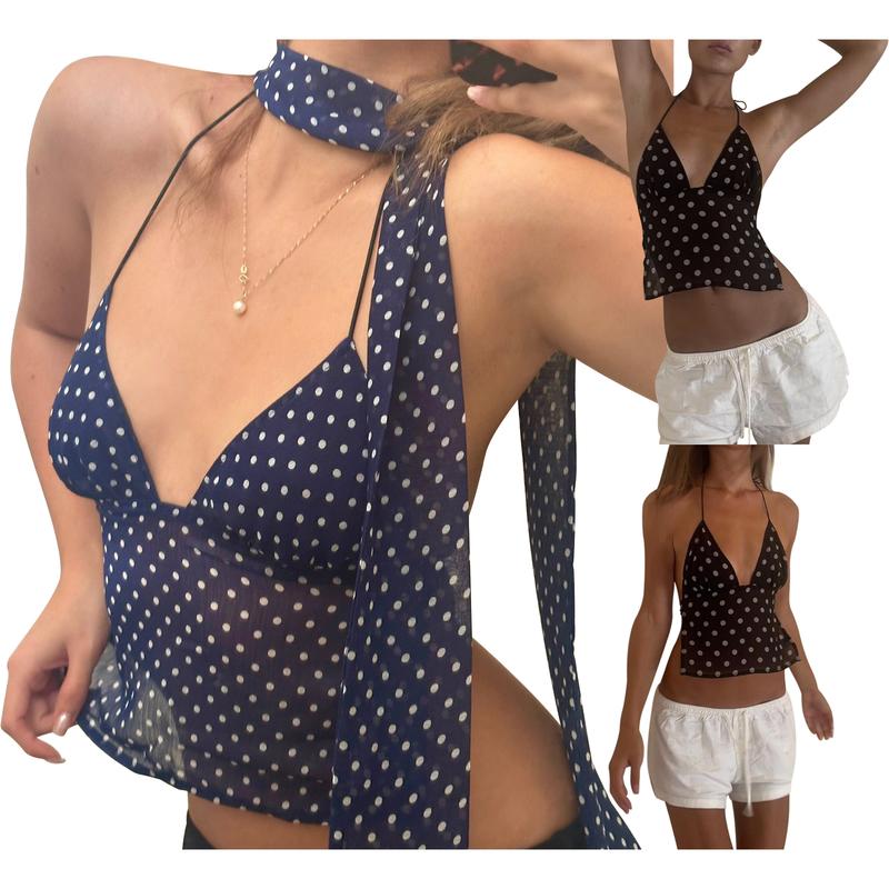 Women's Halter Neck Tops Sleeveless Tie Backless Dots PrintFit Cami Tops Summer Shirts Womenswear Basic