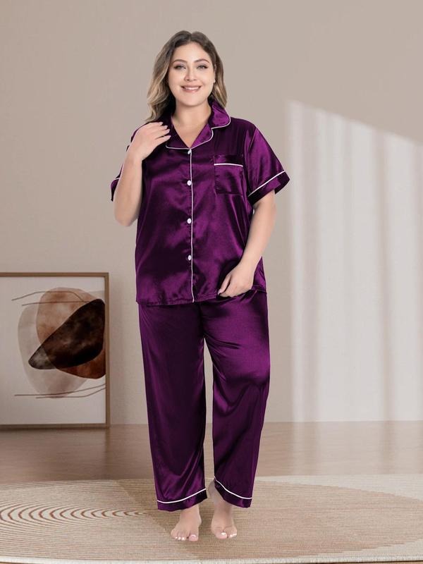 Plus Size Collared Button Front Satin Pyjama Set, Short Sleeve Pocket Top & Trousers Pj Set, Women's Two-piece Sleepwear Set for Summer