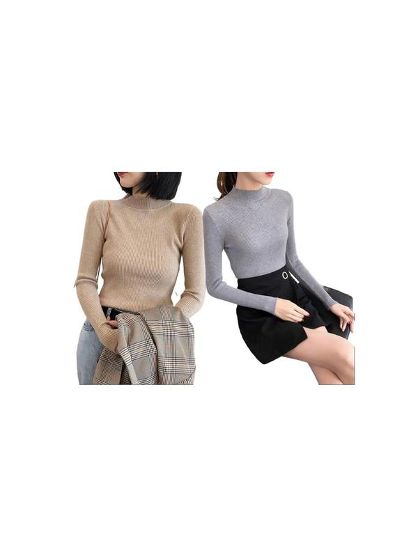 Women's Plain Mock Neck Sweater, Casual Slim-fit Long Sleeve Jumper For Fall & Winter, Women's Knitwear For Daily Wear