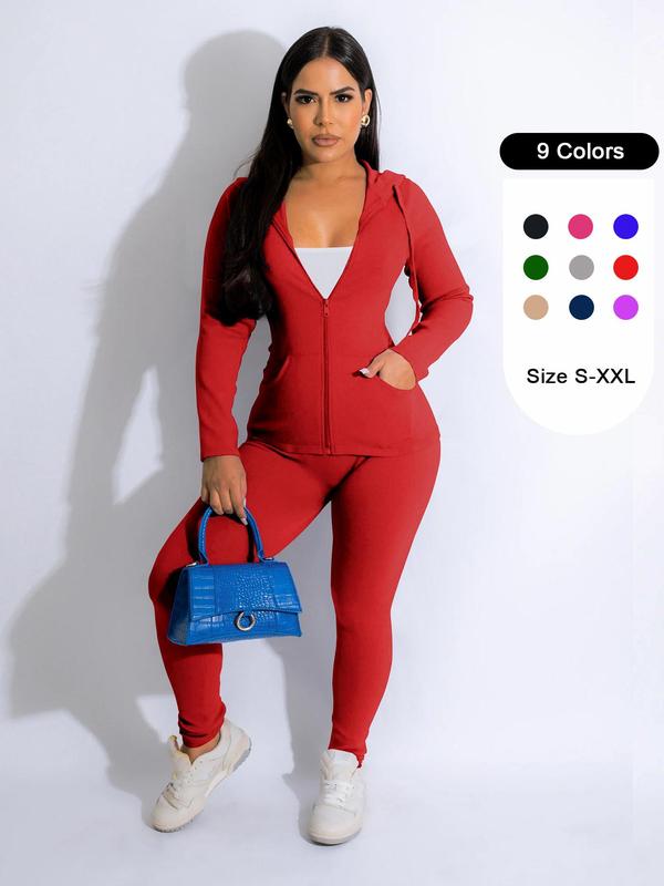 Two-piece Set Women's Solid Zip Up Drawstring Waist Pants Set, Long Sleeve Pocket Hoodie & Trousers, Lady Casual Clothes for Yoga Gym Workout Running Back To School, Two Piece Set Women, Cute Gym Clothes