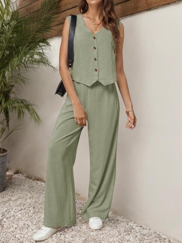 YOZY [6 colors, size 0 2-14] V Neck Vest & Elastic Waist Pants Set, Button Front Casual Sleeveless Top & Wide Leg Trousers, 2024 Women's Wear for Spring & Summer & Fall, XS-XXL