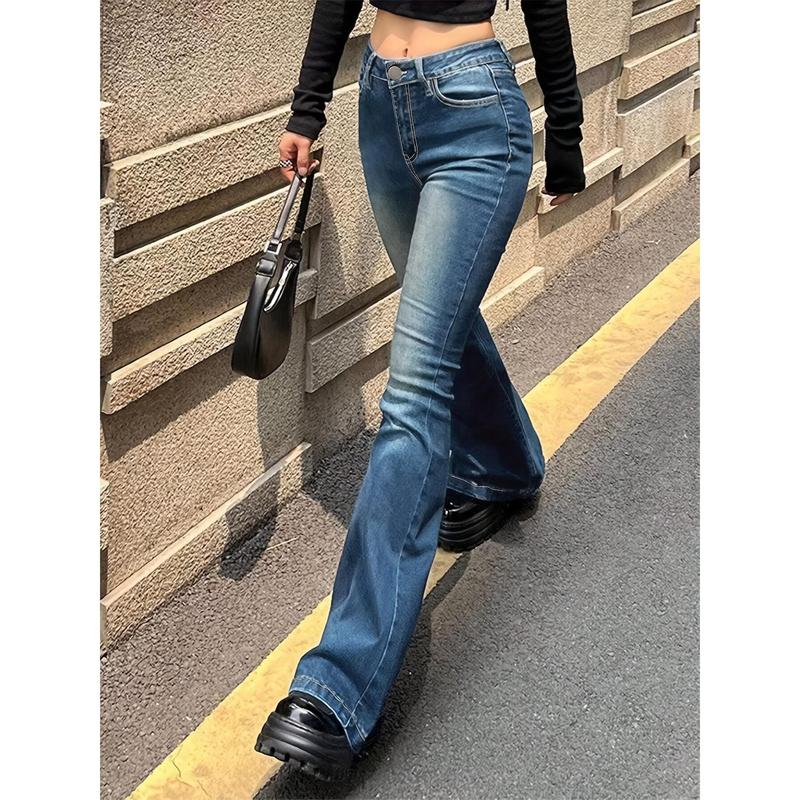 Plain Washed-out Vintage Flared Jeans, Slim Fit High Stretch Diagonal Pocket Bell-Bottom Pants Jeans, Women's Jeans and Clothing