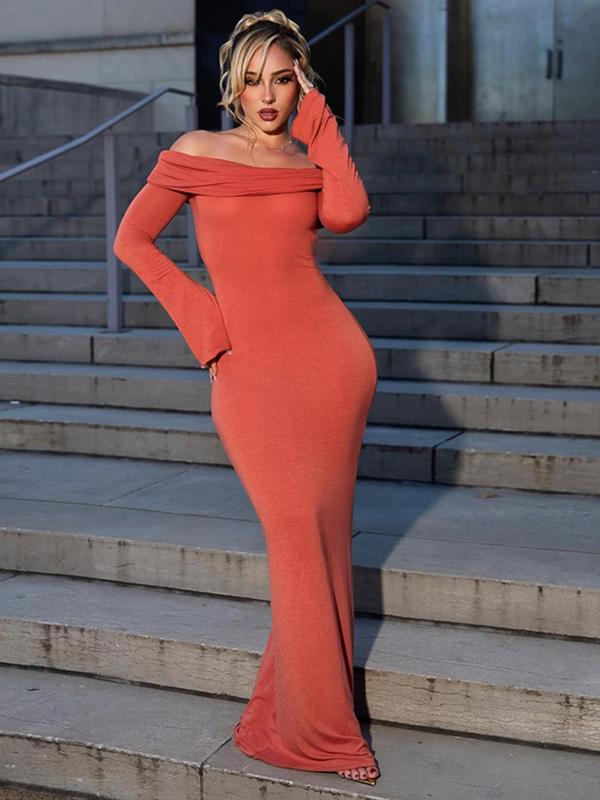 Women's Off The Shoulder Ruched Cut Out Bodycon Dress, Elegant Fashion Long Sleeve Maxi Dress for Party Club Dating Wear, Women Dress for Fall & Winter