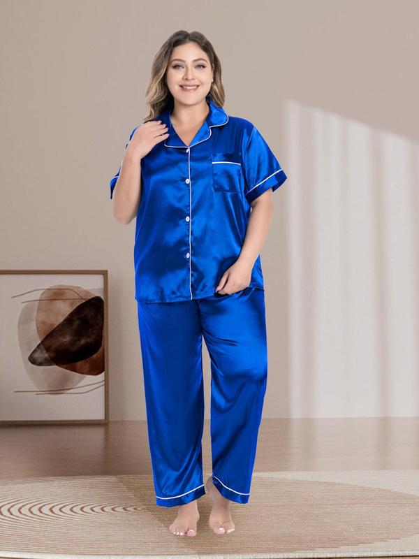 Plus Size Collared Button Front Satin Pyjama Set, Short Sleeve Pocket Top & Trousers Pj Set, Women's Two-piece Sleepwear Set for Summer