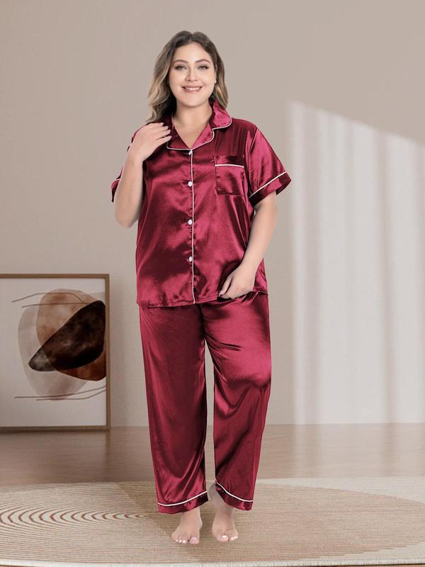 Plus Size Collared Button Front Satin Pyjama Set, Short Sleeve Pocket Top & Trousers Pj Set, Women's Two-piece Sleepwear Set for Summer