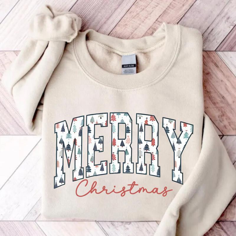 Merry Christmas Sweatshirt, Christmas Crewneck Women Holiday Sweatshirt, Cute Xmas Sweater Cozy Winter Oversized Sweatshirt