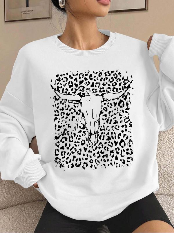 Women's Cartoon Bull Head Print Drop Shoulder Sweatshirt, Casual Long Sleeve Round Neck Pullover for Fall & Winter, Women's Clothes for Daily Wear