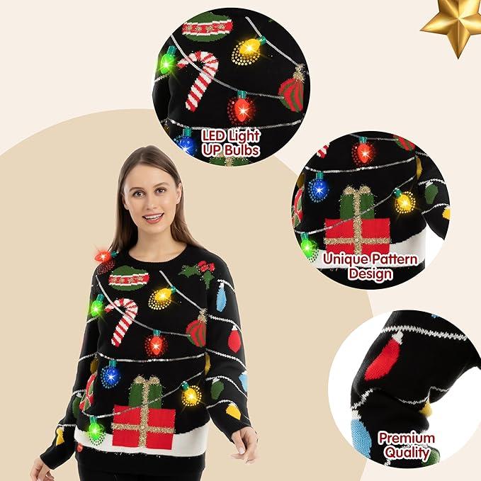 JOYIN Womens LED Light Up String Light Ugly Christmas Sweater with Light Bulb Pullover Sweater