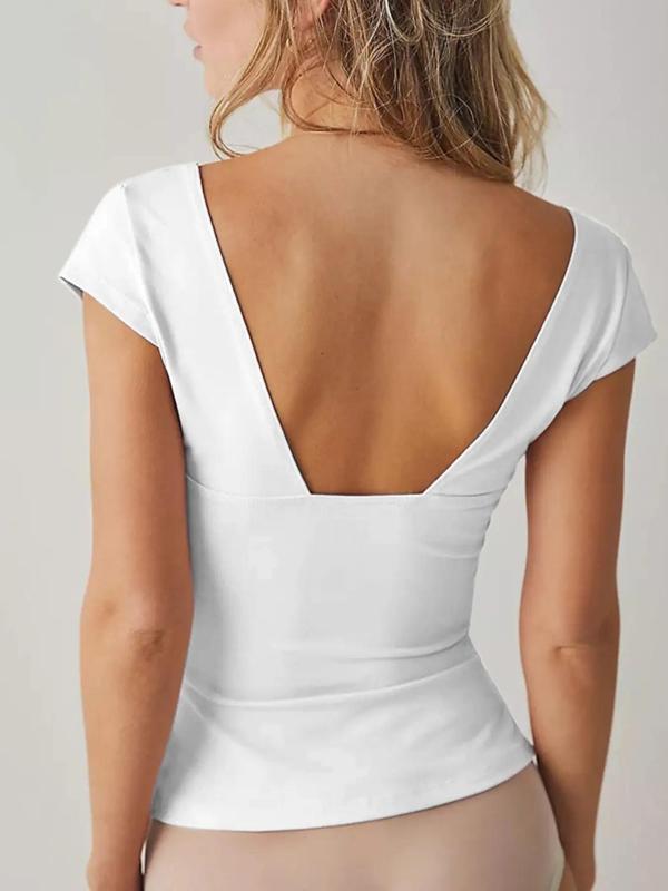 Women's Basic Minimalist Plain Backless Sweetheart Neck Crop Tee, Summer Clothes Women, Tee Shirts for Women, Lady Sexy Casual Comfort Short Sleeve Skinny T-shirt Top,  Summer Outfits 2024, Ladies Clothes for Daily Wear, 90s Clothes