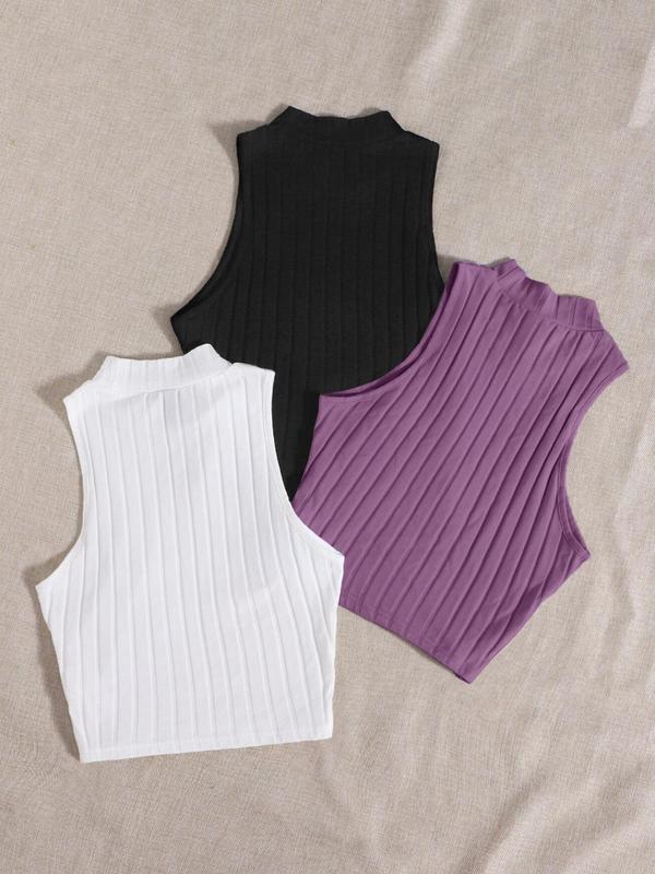 Women's Plain Mock Neck Ribbed Tank Top, Casual Sleeveless Top for Summer, Ladies Clothes for Daily Wear