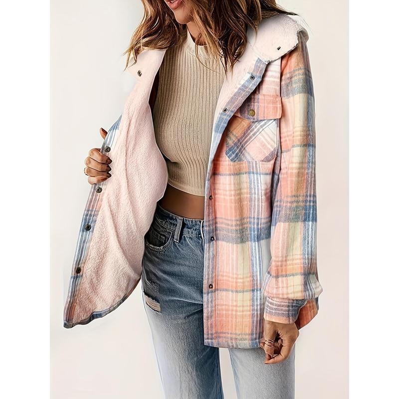 Long Sleeve Warm Plaid Pattern Zip Up Casual Hooded Jacket, Women's Clothing