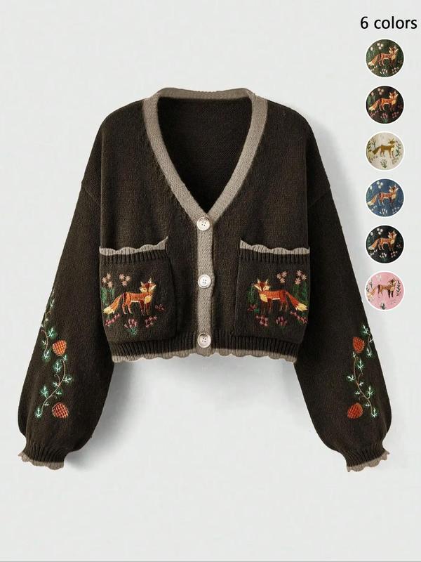 Women's Floral & Fox Embroidery Contrast Binding Cardigan, Fashion Scallop Trim Long Sleeve Pocket Knitwear, Fall Cardigan for Women, Back To School Women's Knit Clothing for Daily Wear