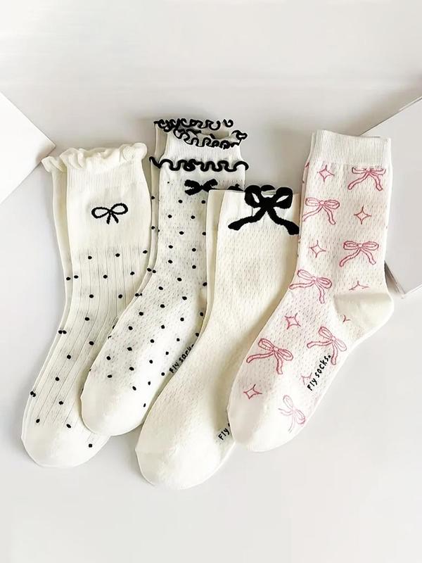 Women's Polka Dot Print Lettuce Trim Mid-Calf Socks, Casual Soft Comfy Breathable Bow Print Crew Socks for Daily Wear, Women's Socks for All Seasons