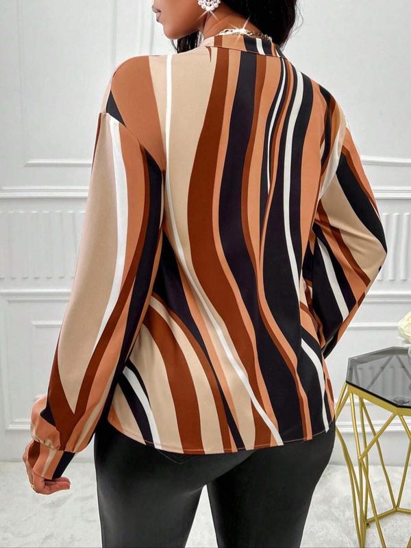 Women's All Over Print Notched Neck Blouse, Elegant Drop Shoulder Long Sleeve Top for Spring & Fall, Women's Clothing for Daily Wear