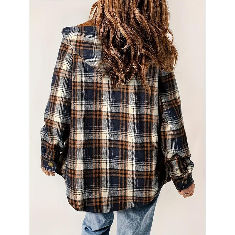 Long Sleeve Warm Plaid Pattern Zip Up Casual Hooded Jacket, Women's Clothing