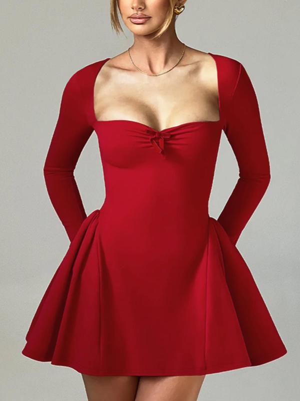 Women's Plain Bow Decor Ruched Sweetheart Neck A Line Dress, Elegant Long Sleeve Short Dress for Party Holiday Wedding Guest, Ladies Spring & Fall Clothes