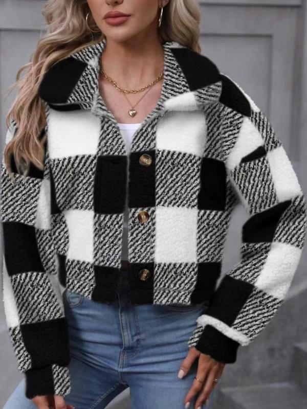 Women's Plaid Print Button Front Drop Shoulder Plush Coat, Fashion Comfortable Lady Jackets, Thickened Warm Casual Long Sleeve Collared Outerwear for Fall & Winter Womenswear, Fall Clothes, Downtown Girl Clothes, Halloween, Halloween Costume