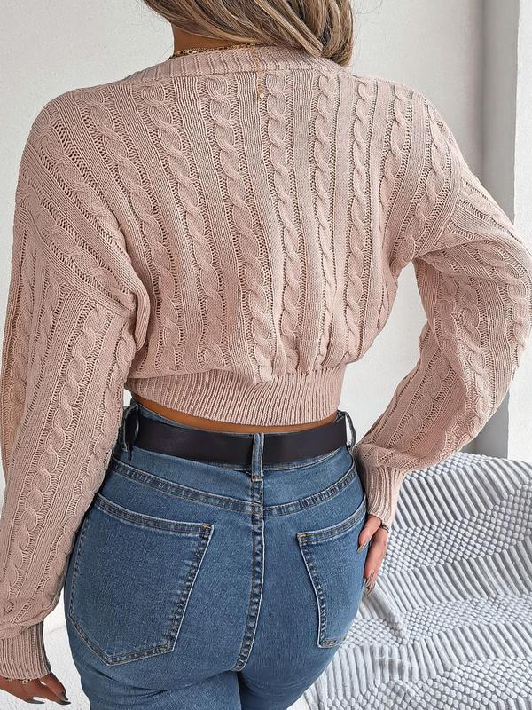 Women's Textured Twist V Neck Crop Sweater without Necklace, Solid Bishop Sleeve Jumper for Spring & Fall, Women's Knitwear for Casual Daily Wear,  Fall Clothing