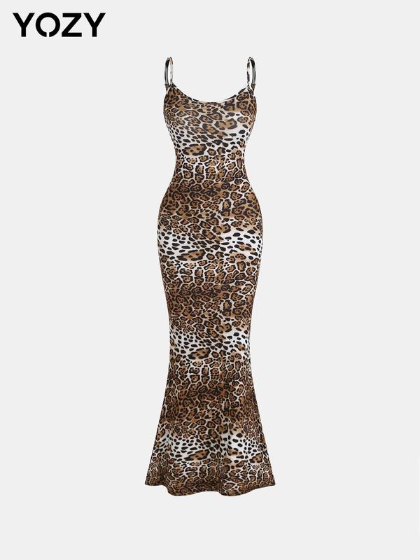 YOZY Women's Leopard Print Backless Cami Mermaid Dress, Adjustable Strap Sleeveless Maxi Dress for Party Club Dating Wear, Ladies Clothes for All Seasons