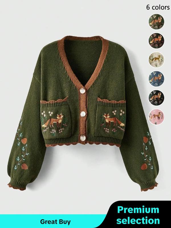 Women's Floral & Fox Embroidery Contrast Binding Cardigan, Fashion Scallop Trim Long Sleeve Pocket Knitwear, Fall Cardigan for Women, Back To School Women's Knit Clothing for Daily Wear