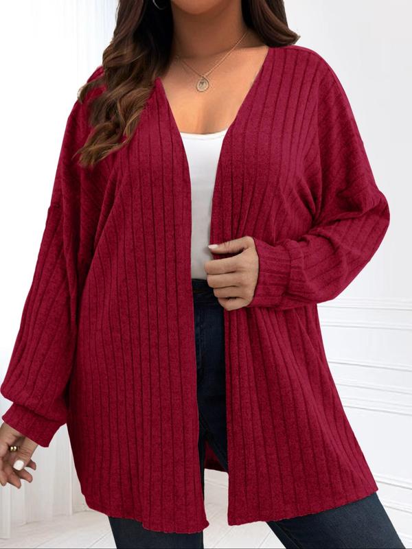  Solid Drop Shoulder Long Sleeve Cardigan, Casual Open Front Rib Cardigan for Fall & Winter, Women's Plus Clothing for Daily Wear