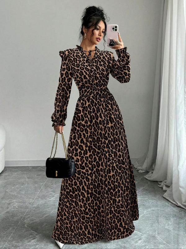 Women's Leopard Print Ruffle Trim Tie Neck A Line Dress, Elegant Long Sleeve Dress for Spring & Fall, Women's Clothing for Daily Wear