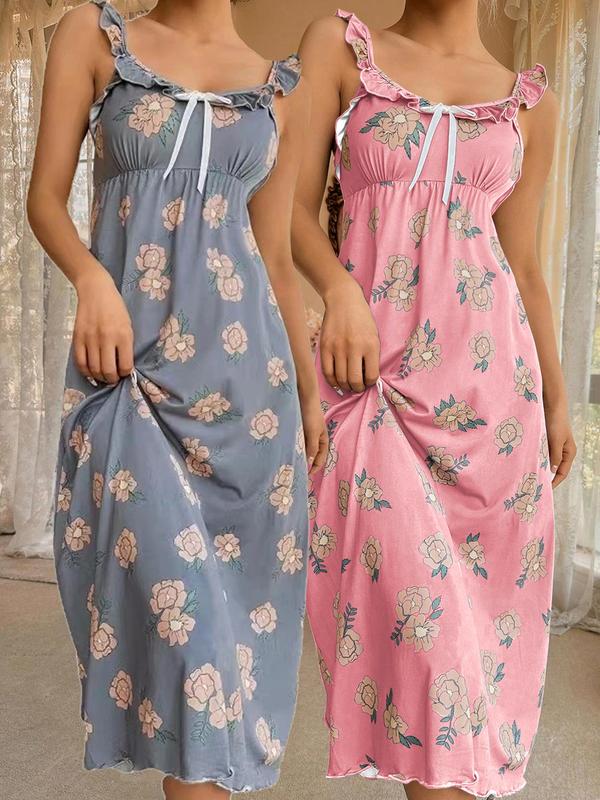 Women's Floral Print Bow Decor Ruffle Trim Cami Nightdress, Casual Soft Comfortable Sleeveless Nightgown for Summer, Ladies Sleepwear for Daily Wear