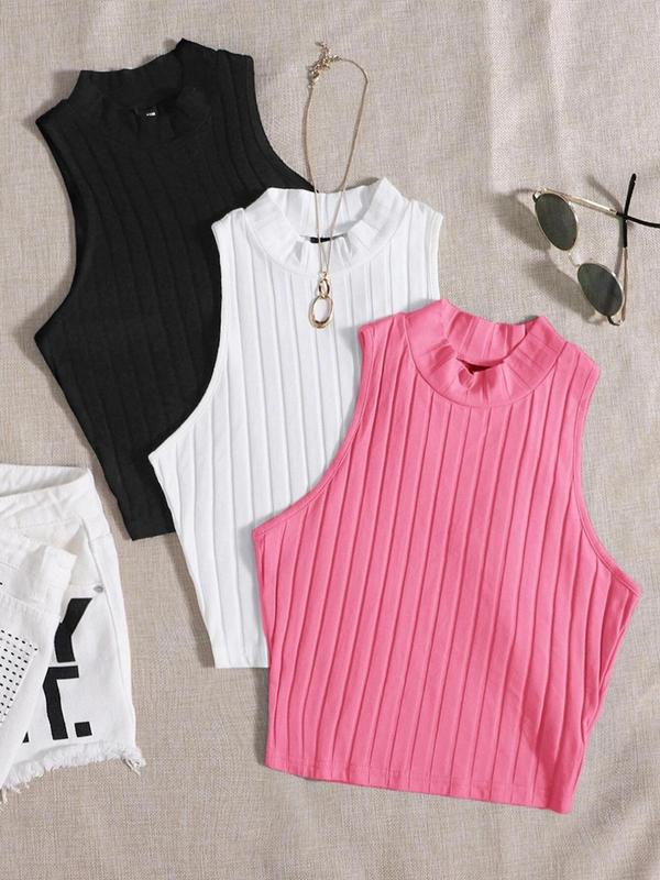 Women's Plain Mock Neck Ribbed Tank Top, Casual Sleeveless Top for Summer, Ladies Clothes for Daily Wear