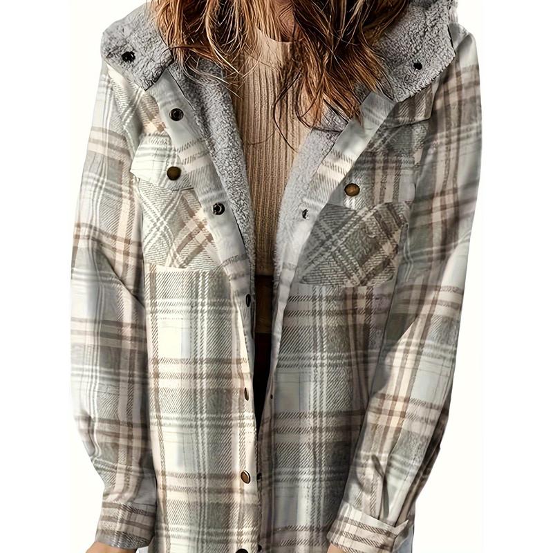 Long Sleeve Warm Plaid Pattern Zip Up Casual Hooded Jacket, Women's Clothing