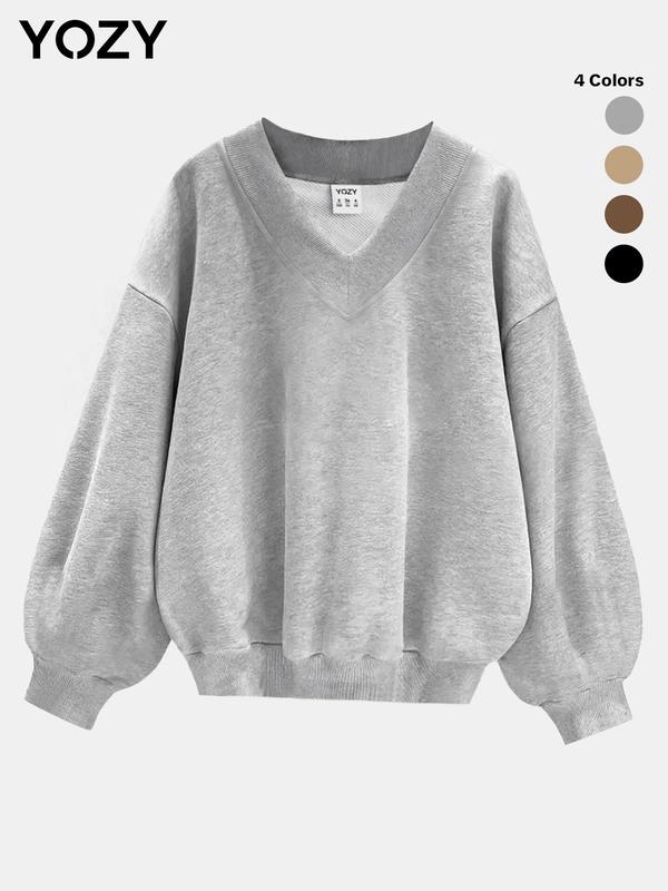 YOZY Christmas Deals, Women's Plain Drop Shoulder V Neck Sweatshirt, Casual Long Sleeve Pullover, Women's Fall & Winter Clothes, Christmas 2024 Trend, Fall & Winter Clothes