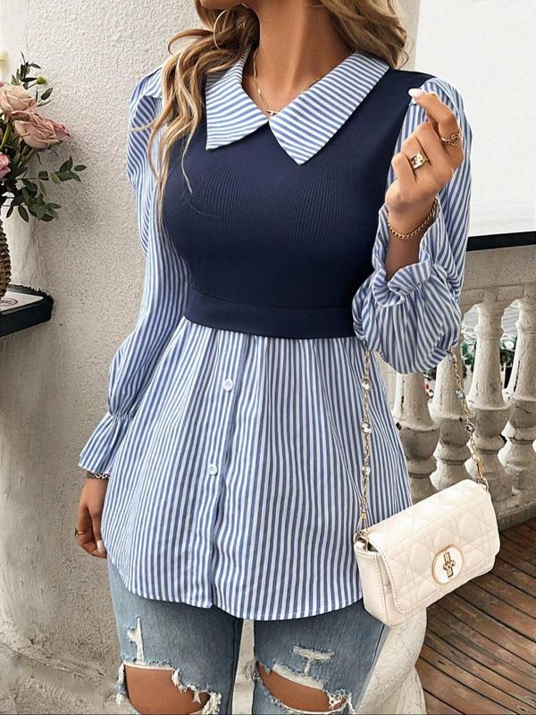 Women's Striped Print 2 In 1 Curved Hem Blouse, Elegant Button Front Flounce Sleeve Top for Fall & Winter, Women's Clothing for Daily Wear