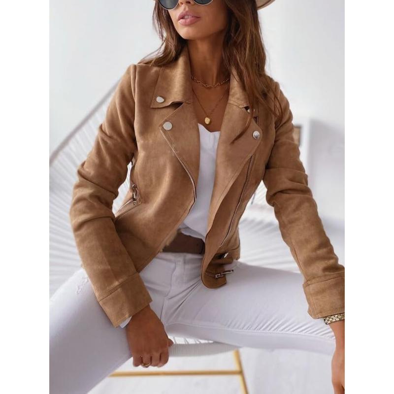 Women's Faux Suede Jacket Zipper Motorcycle Biker Jacket Lightweight Bomber Jacket Long Sleeve Slim with Pockets Short Jacket Leather Velvet Zipper Button Decoration Slim Casual Jacket