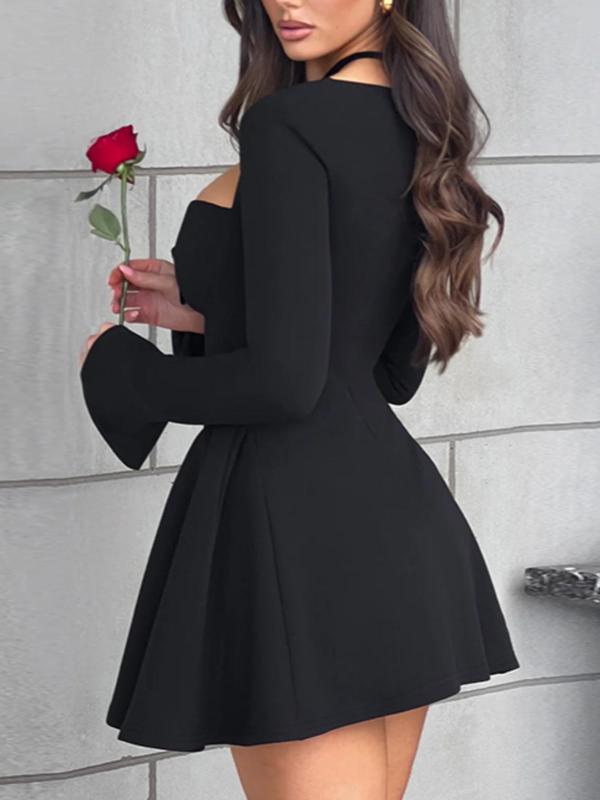 Women's Plain Bow Decor Ruched Sweetheart Neck A Line Dress, Elegant Long Sleeve Short Dress for Party Holiday Wedding Guest, Ladies Spring & Fall Clothes