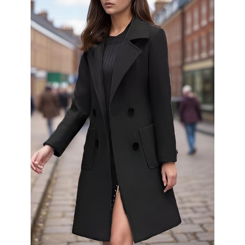 Double Breasted Lapel Longline Jacket, Elegant Long Sleeve Pockets Overcoat For Fall & Winter, Women's Clothing Cotton Fabric Outerwear Basic