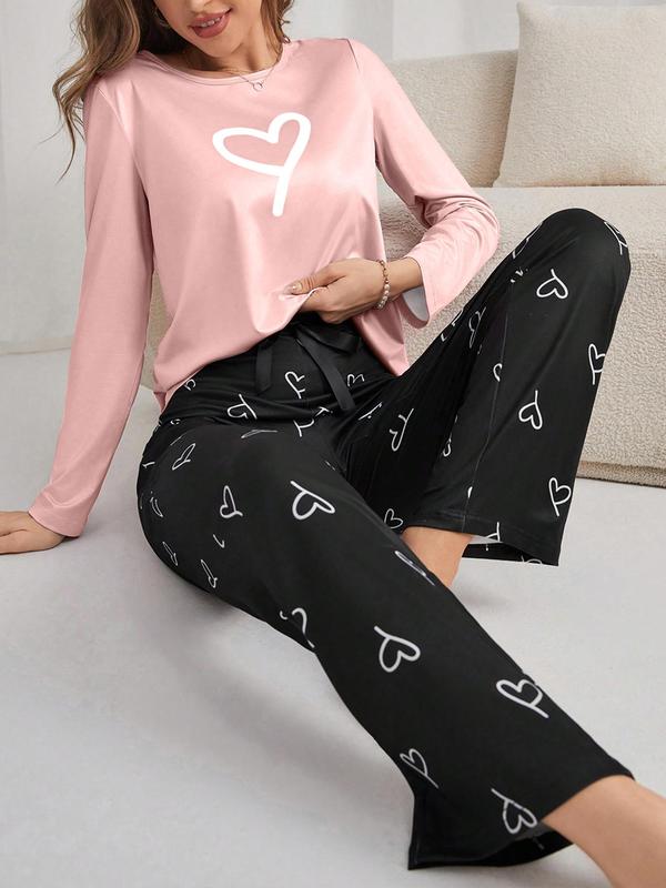 Two-Piece Set Women's Heart Print Long Sleeve Tee & Elastic Waist Pants Pyjama, Casual Comfy Round Neck Top & Bow Trousers PJ Set, Ladies Sleepwear for Spring & Fall