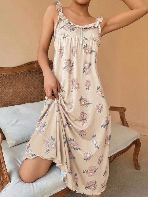 Women's Floral Print Bow Decor Ruffle Trim Cami Nightdress, Casual Soft Comfortable Sleeveless Nightgown for Summer, Ladies Sleepwear for Daily Wear