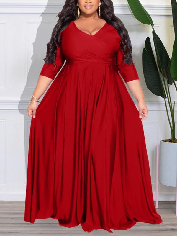 Plus Size Plain Wrap Plicated V Neck A Line Dress, Elegant Long Sleeve Drop Shoulder Dress for Wedding Guest, Summer Outfits 2024, Women Plus Clothing