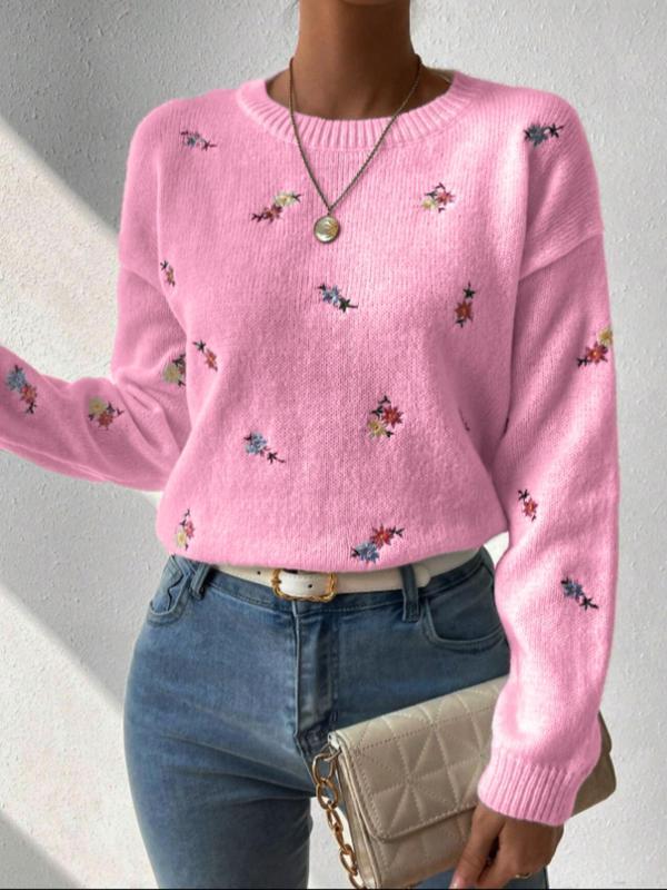 Women's Floral Embroidery Drop Shoulder Sweater,  Vintage Clothing,  Casual Long Sleeve Round Neck Jumper, Ladies' Knitwear for Daily Wear