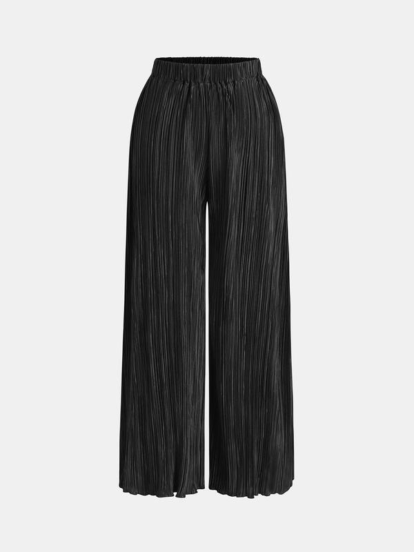 YOZY Women's Solid Textured Elastic Waist Wide Leg Pants, Casual Comfy Trousers for Fall & Winter, Women's Bottoms for Daily Wear