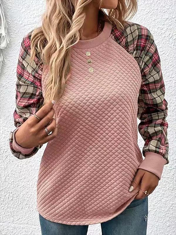 Women's Plaid Patchwork Print Fake Buttons Raglan Sleeve Sweatshirt, Casual Long Sleeve Round Neck Pullover, Women's Fall & Winter Clothes