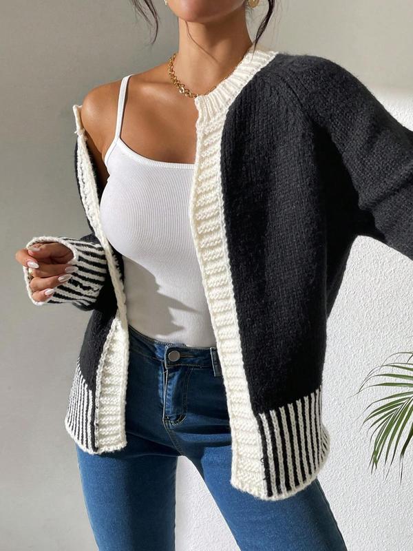 Women's Striped Print Contrast Binding Raglan Sleeve Cardigan, Casual Long Sleeve Open Front Knitwear for Fall & Winter, Fashion Women's Knit Clothing for Daily Wear