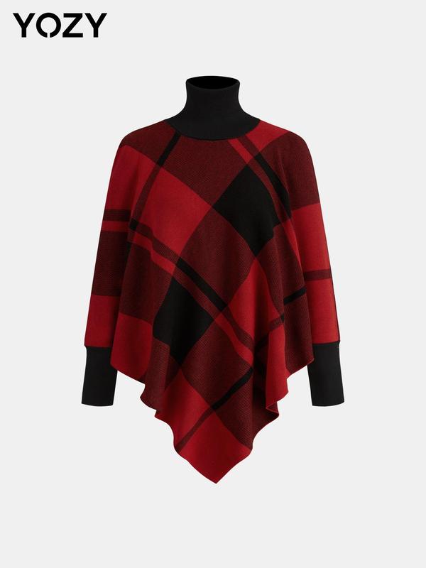 YOZY Women's Plaid Print Batwing Sleeve Split Sweater, Casual Asymmetrical Hem High Neck Long Sleeve Jumper for Fall & Winter, Fashion Ladies' Knitwear for Daily Wear