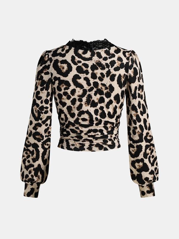 YOZY Women's Leopard Print Contrast Lace Scallop Trim Ruched Tee, Elegant Bishop Sleeve Deep V Neck Top for Fall & Winter, Women's Clothing for Daily Wear