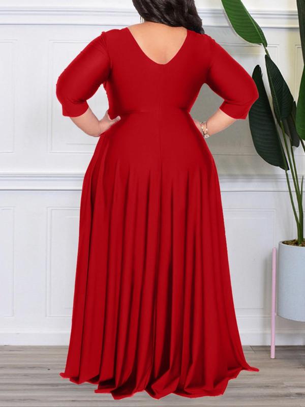 Plus Size Plain Wrap Plicated V Neck A Line Dress, Elegant Long Sleeve Drop Shoulder Dress for Wedding Guest, Summer Outfits 2024, Women Plus Clothing