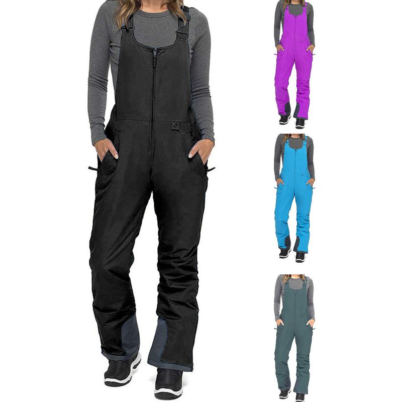 Women's Sleeveless Ski Overalls, Adjustable Shoulder Strap Jumpsuit, Side Pocket Long  Clothes Womenswear Casual